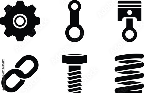 Collection of black mechanical icons featuring gear, engine piston, connecting rod, metal chain link, steel bolt, and coil spring silhouettes.
