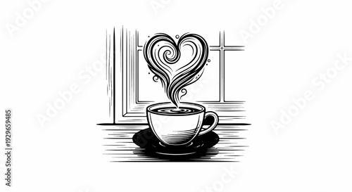 A steaming cup of coffee with heart-shaped steam sits near a window