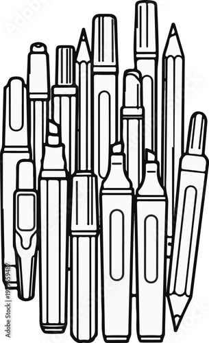Collection of assorted pens, markers, and pencils arranged together