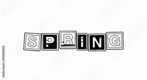 Stylized alphabet blocks spelling SPRING in bold, outlined letters against a white background