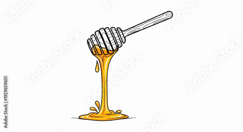 A wooden honey dipper is dripping golden honey onto a surface