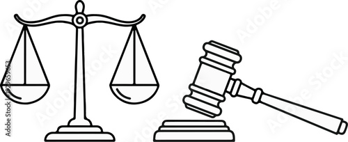 A black and white outline drawing of a justice scale and a gavel