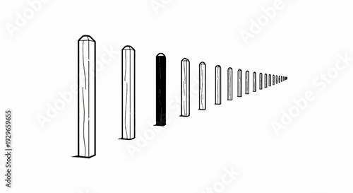 A row of wooden posts recedes into the distance, one post is black