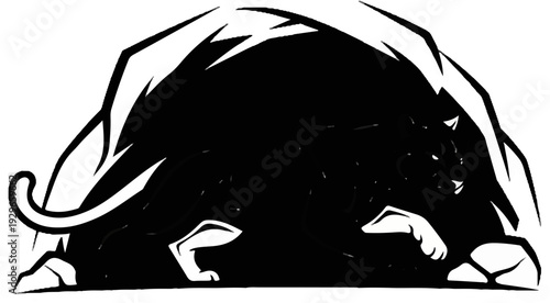 Stylized black panther emerges from cave entrance with rocky textures