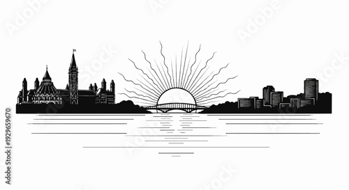 Cityscape with historical buildings, bridge, and sun rising over water