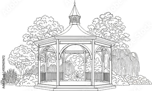 Ornate hexagonal gazebo with a pointed roof, surrounded by lush foliage and trees