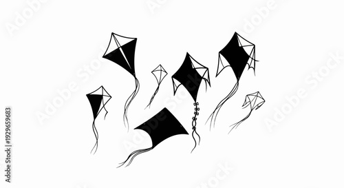 A black and white sketch of seven kites in various shapes with flowing tails against a white background