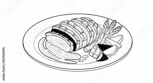 Sliced meat with crust, asparagus spears, and potato wedges on a plate