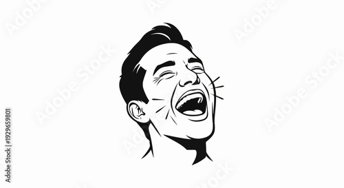 A man's stylized face expresses extreme joy and laughter in a graphic illustration