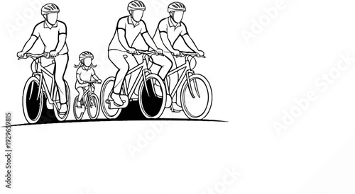 A family, including a child, enjoys a bike ride together outdoors