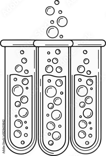 Three test tubes with bubbling liquid and rising air bubbles