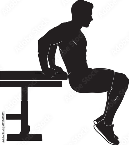 Man doing triceps dip exercise on bench in gym