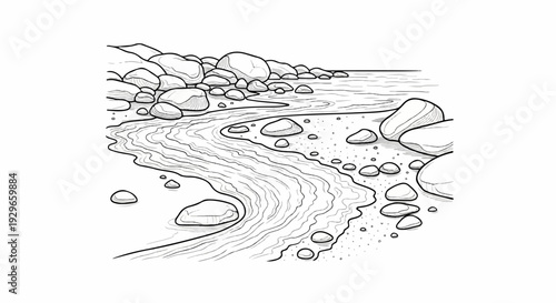 Detailed line art depicts a rocky shore with a winding stream flowing into the ocean