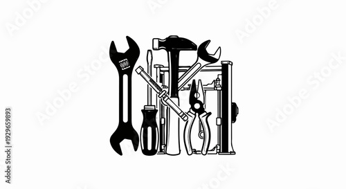 Various tools including adjustable wrenches, screwdriver, hammer, and pliers are artistically arranged