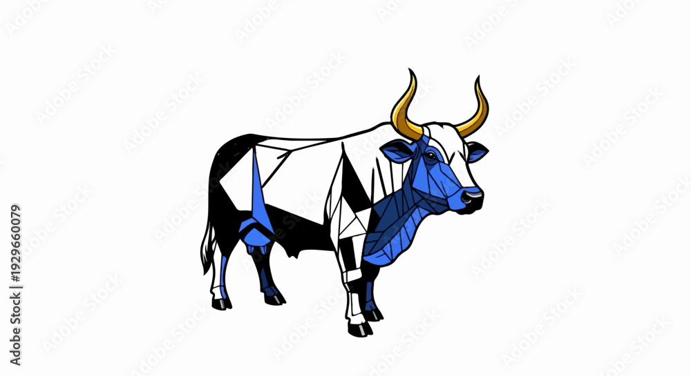 Obraz premium Geometric stylized bull with white, black, and blue segmented body and golden horns