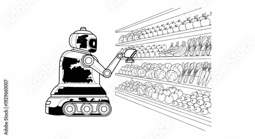 A robot arm on a wheeled base reaches to pick produce from grocery store shelves