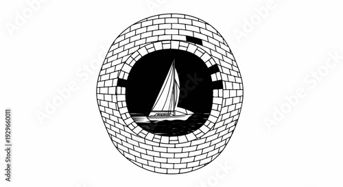 A sailboat glides on water viewed through a circular brick archway