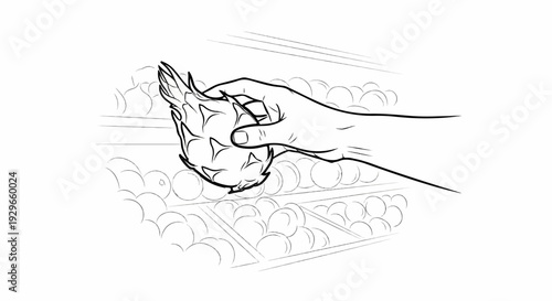 Hand selecting a dragon fruit from a produce display of round fruits