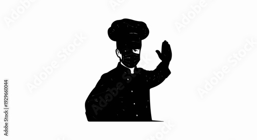 Chef in mask and hat waves hello with one hand raised