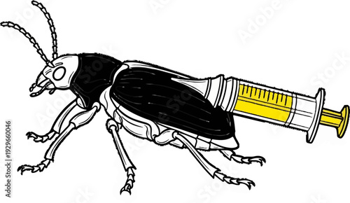 Ink drawing of an insect with a yellow liquid-filled syringe as its abdomen