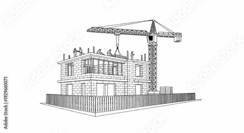 Construction workers use crane to build house