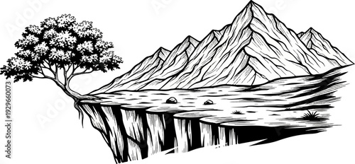 A lone tree precariously clings to a cliff edge overlooking rocky mountains