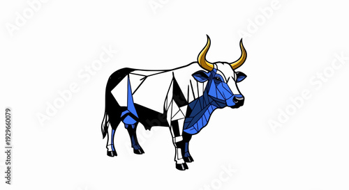 Geometric stylized bull with white, black, and blue segmented body and golden horns