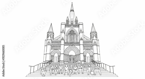 Stylized sketch of an ornate Gothic-style building with a group of people sitting on stairs