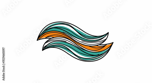 Abstract flowing waves of teal, orange, and white create a dynamic visual