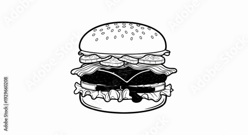 A black and white illustration of a loaded hamburger with sesame seed bun, lettuce, tomato, cheese, and bacon