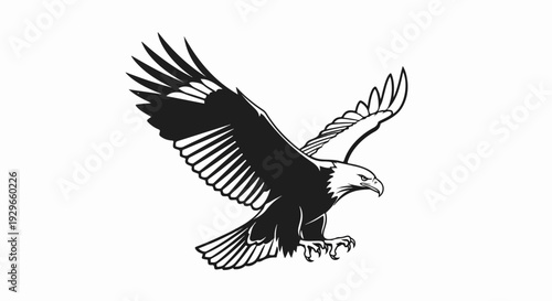 A black and white graphic depicts a soaring eagle, wings spread wide, in mid-flight
