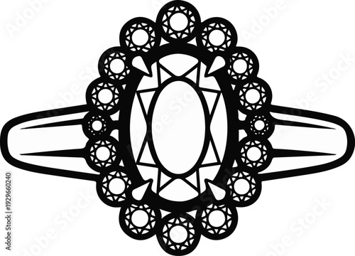 Detailed outline of an oval engagement ring adorned with numerous round, faceted gemstones