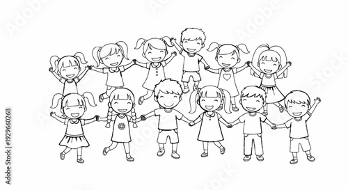 Diverse group of smiling children in a circle holding hands, black and white line art