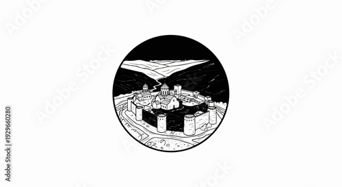Monochromatic illustration of a walled fortress and church complex nestled in a valley