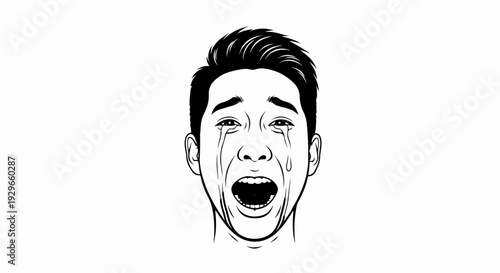 Man's anguished face, tears streaming, mouth open in a primal scream