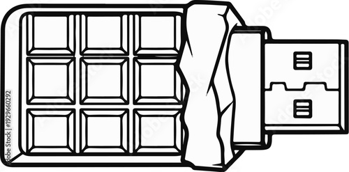 Stylized depiction of a chocolate bar connected to a USB connector