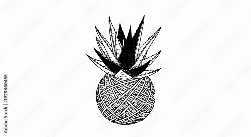 Obraz premium Hand-drawn graphic of a pineapple with a textured ball body and spiky leaves