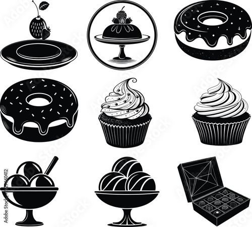Black and white dessert featuring donuts cupcakes ice cream and chocolates