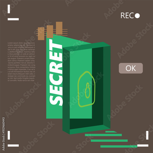 Abstract cyber security concept with a secret keyhole icon, digital data protection interface, and placeholder text on a dark background, vector illustration 