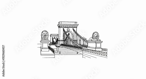Ornate suspension bridge with lion statues guarding the entrance