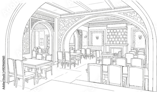Ornate interior sketch of an elegant dining hall with multiple tables and chairs