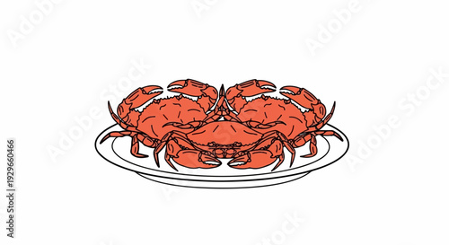 Three illustrative red crabs are arranged on a white platter against a white background