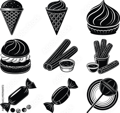 Black and white collection of sweet treats including ice cream cones churros and candies