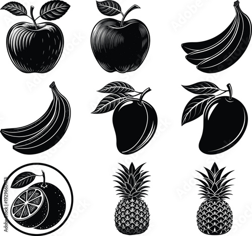 Black and white etch style of assorted fruits including apples bananas mangoes orange and pineapple