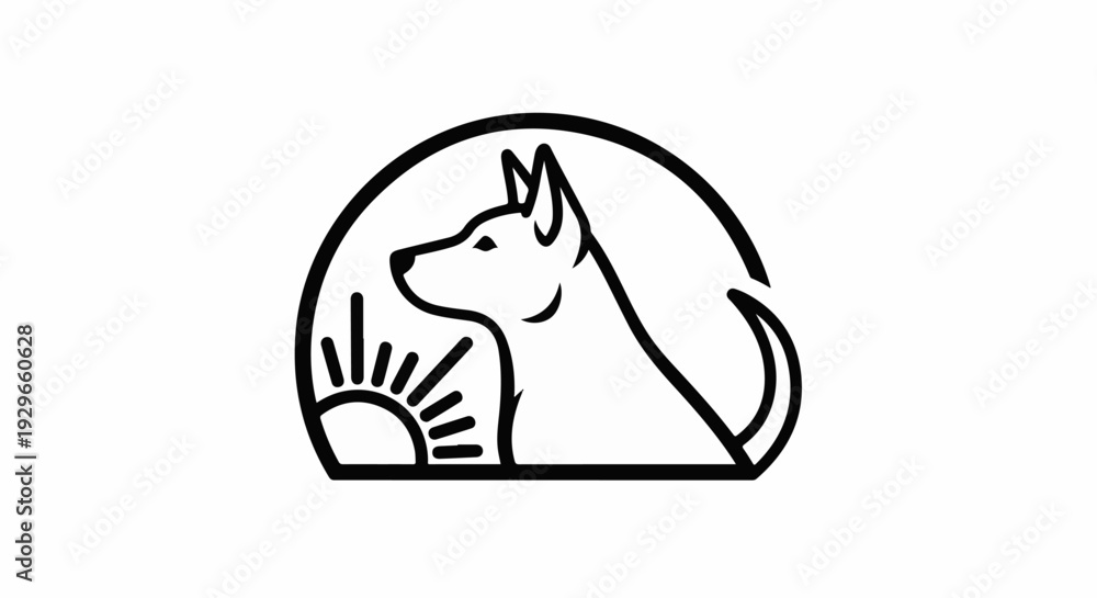 Fototapeta premium A minimalist line art logo features a dog silhouette against a rising sun within a circular frame
