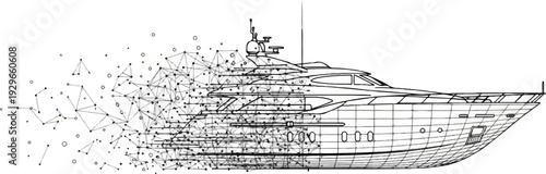 Abstract wireframe sketch of a luxury yacht disintegrating into geometric particles