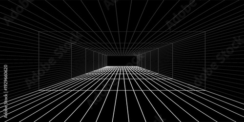Grid room in perspective in 3d style. Indoor wireframe from white laser beam,  digital empty box. Abstract geometric design. Vector illustration