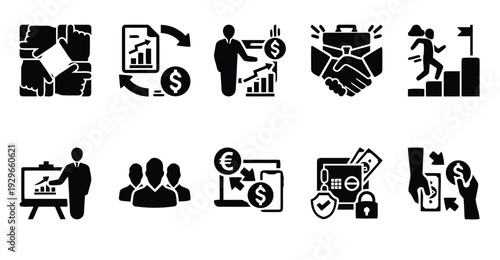 Business and finance icons set depicting teamwork collaboration and financial growth