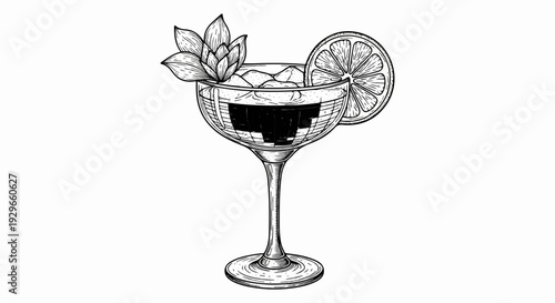 Hand-drawn cocktail with ice, citrus, and a decorative flower