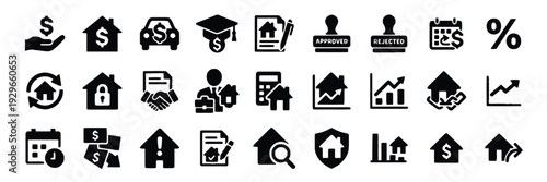 Business and finance icons with symbols of money, real estate, and success